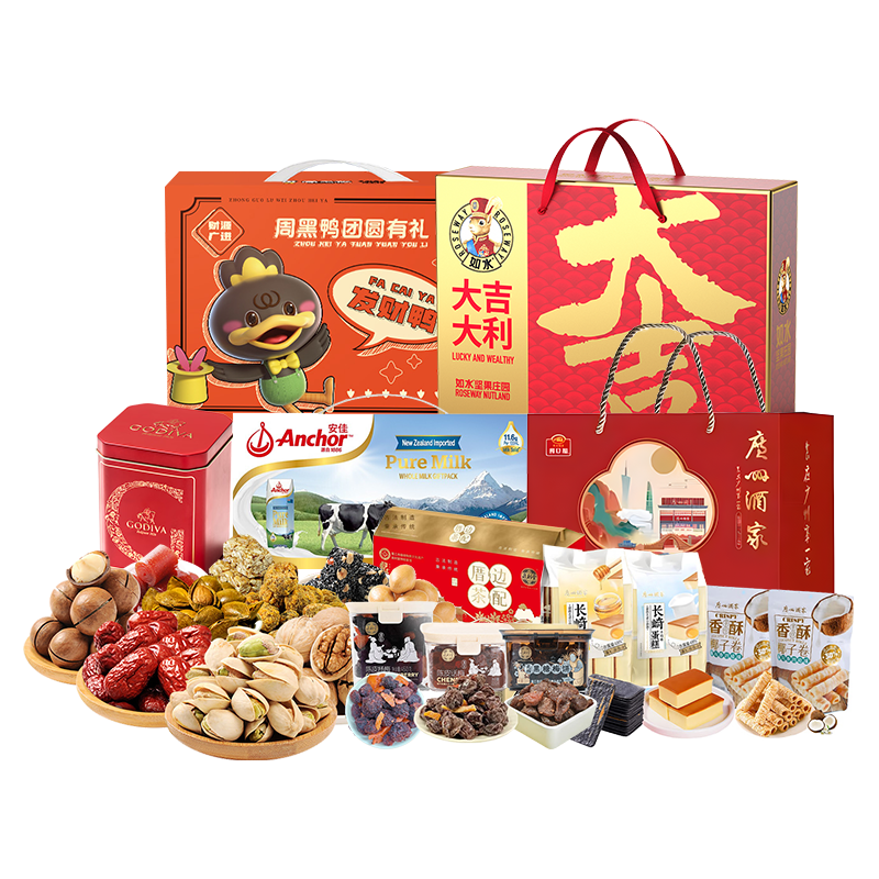 如水 /歌帝梵/广州酒家/泉利堂/周黑鸭/安佳 坚果巧克力糕点蜜饯卤味零食牛奶组合 4328g+2.5L  混色（单位：组）