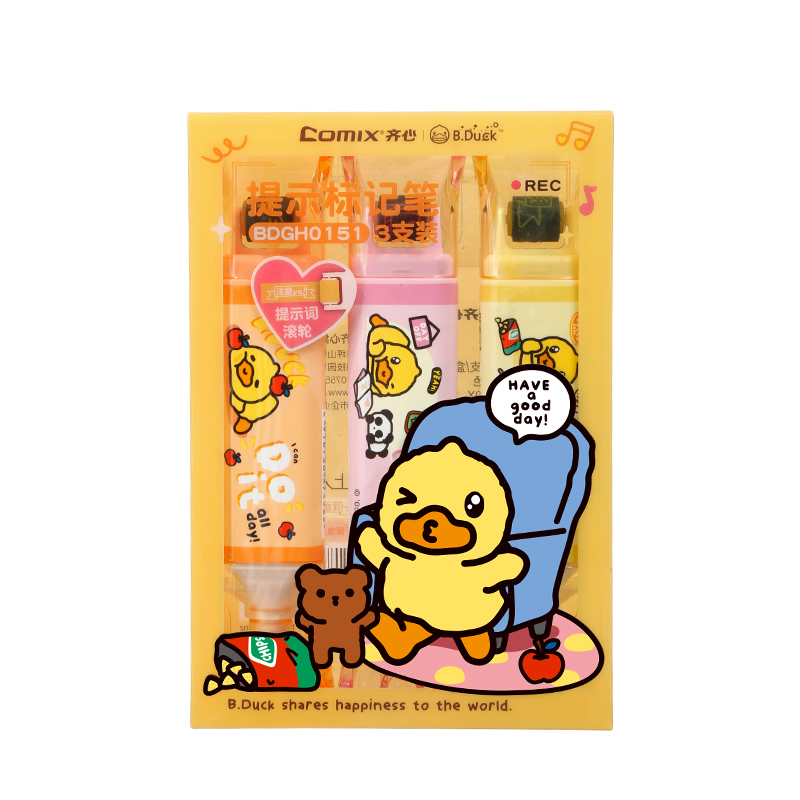 齐心（COMIX）  小黄鸭提示标记笔盒装带PDQ  BDGH0151 3支装 混色（单位：盒）