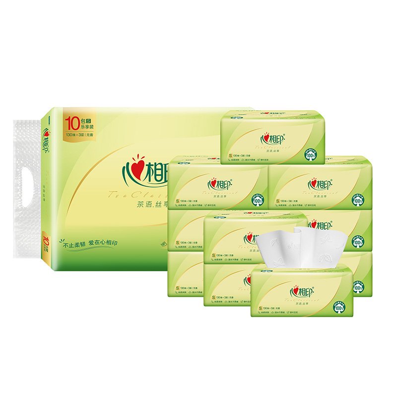 心相印 茶语丝享130抽三层压花塑装面巾纸 DT15130 10包*1提 白色（单位：提）