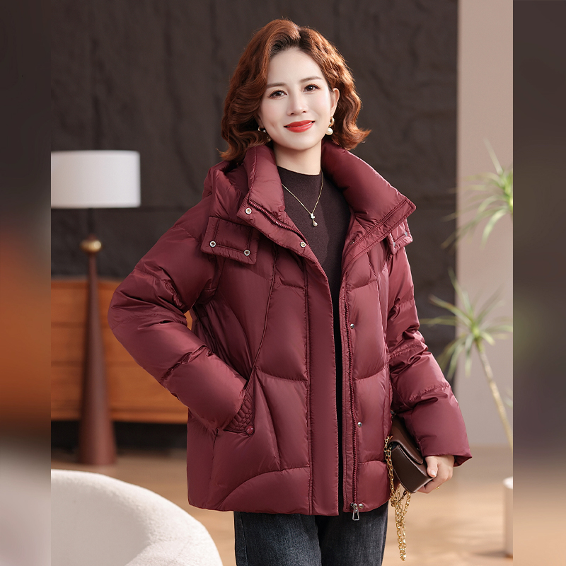 丰讯 冬季韩版休闲妈妈装短款立领连帽保暖羽绒服外套中年女装 FXYL2587 L 175 暗降红（单位：件）