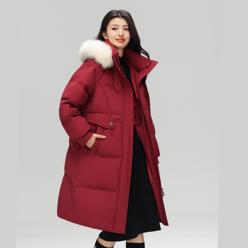 丰讯 狐狸毛领中长款冬季加厚女式高级时尚连帽外套 FXYL6885 羽绒服 S 红色（单位：件）