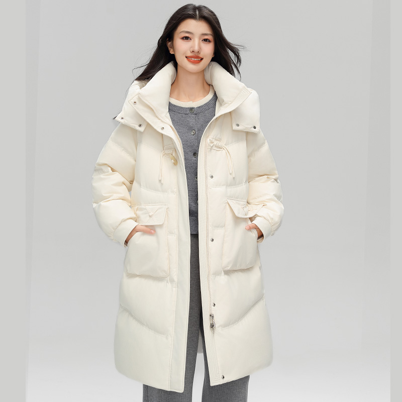 丰讯 中长款女款冬季时尚牛角扣连帽保暖过膝外套 FXYL6888 羽绒服 L 米白（单位：件）