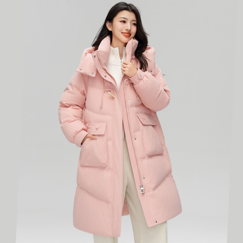丰讯 中长款女款冬季时尚牛角扣连帽保暖过膝外套 FXYL6888 羽绒服 S 粉色（单位：件）