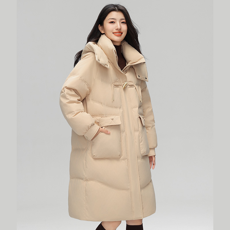 丰讯 中长款女款冬季时尚牛角扣连帽保暖过膝外套 FXYL6888 羽绒服 S 卡其色（单位：件）