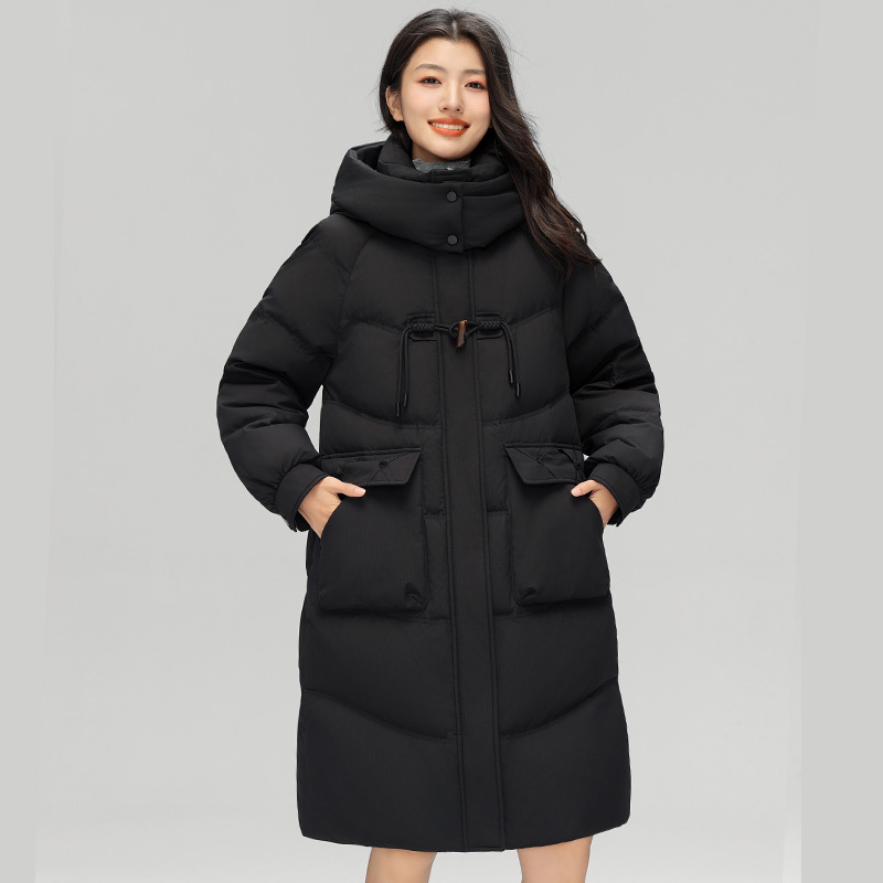 丰讯 中长款女款冬季时尚牛角扣连帽保暖过膝外套 FXYL6888 羽绒服 M 黑色（单位：件）