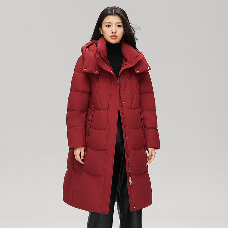 丰讯 女式中长款过膝冬季气质大牌中国风保暖连帽外套 FXYL6889 羽绒服 S 朱砂红（单位：件）