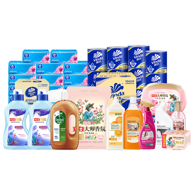立白 /蔬果园/滴露/维达 衣液凝珠家清纸巾组合 7550g+3.1L+2块+20包+27卷 混色（单位：组）