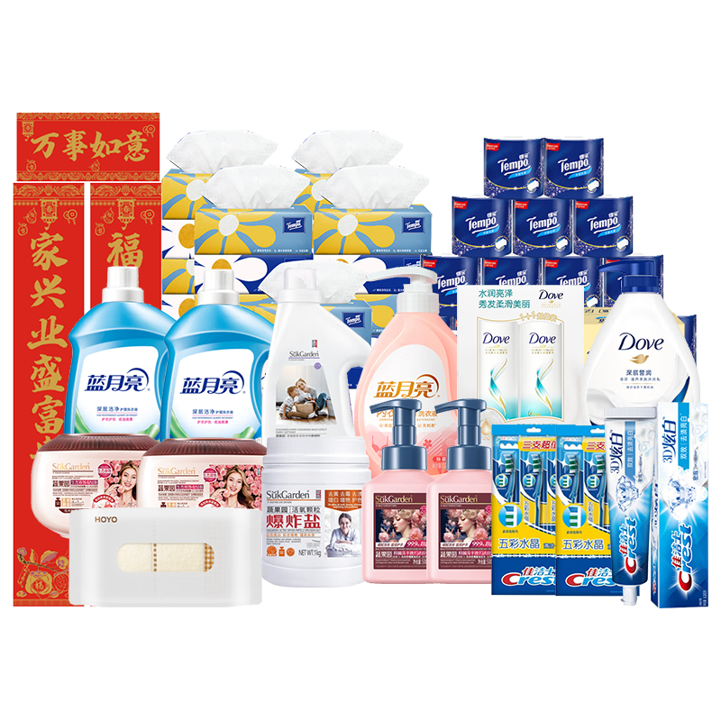 蓝月亮 /蔬果园/佳洁士/HOYO/得宝/多芬 衣物清洁个护纸巾组合 11.13kg+60颗+1L+2排+18包+16卷 混色（单位：组）