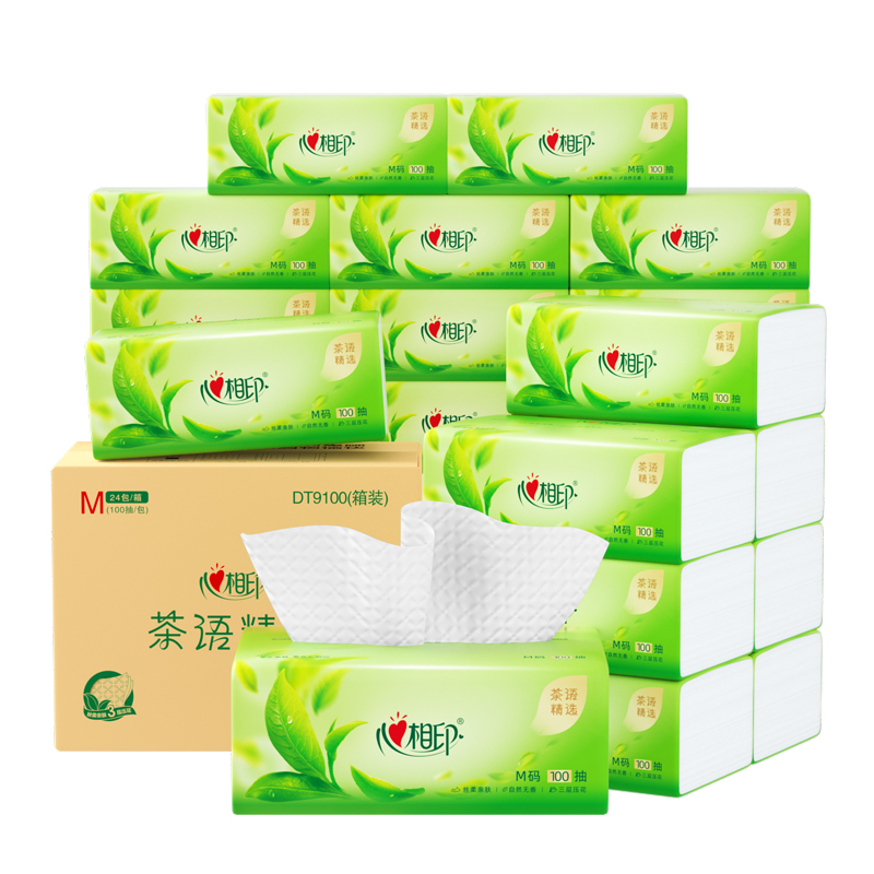心相印 茶语精选100抽三层塑装面巾纸（M码） DT9100 24包*1箱  白色（单位：箱）