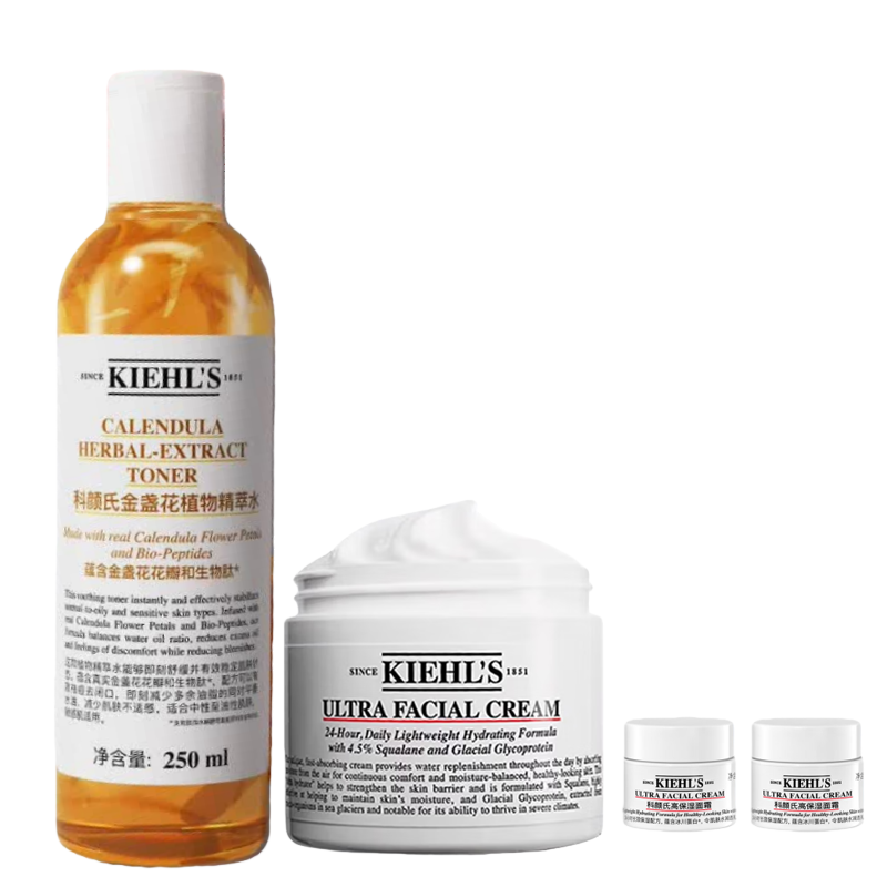 科颜氏（Kiehl's） 金盏花爽肤水+高保湿面霜 礼盒 250ml+50ml+14ml*2 香槟色（单位：套）