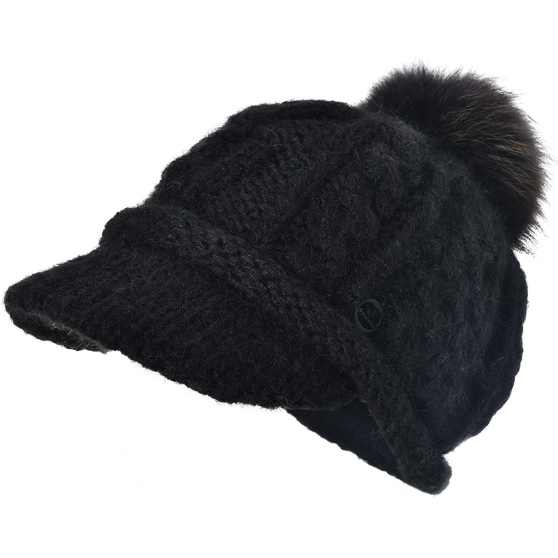 卡蒙（Kenmont） 貉子毛球粗毛线绞花针织贝雷帽 KM-9538-092 适用头围（55.5-58cm） 赫本黑（单位：顶）