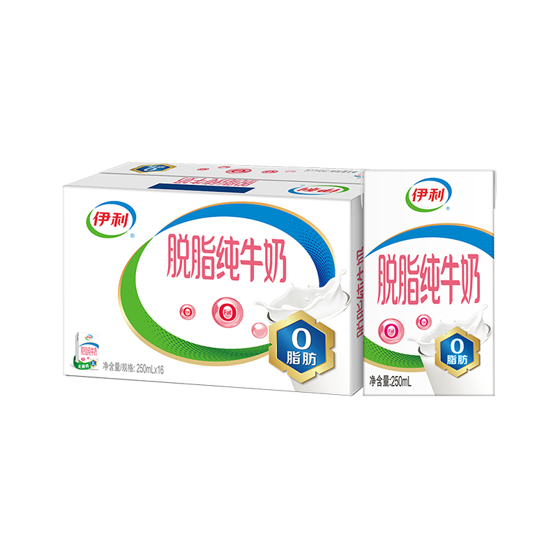 伊利 营养早餐奶 脱脂纯牛奶 250ml*16盒*1箱 混色（单位：箱）