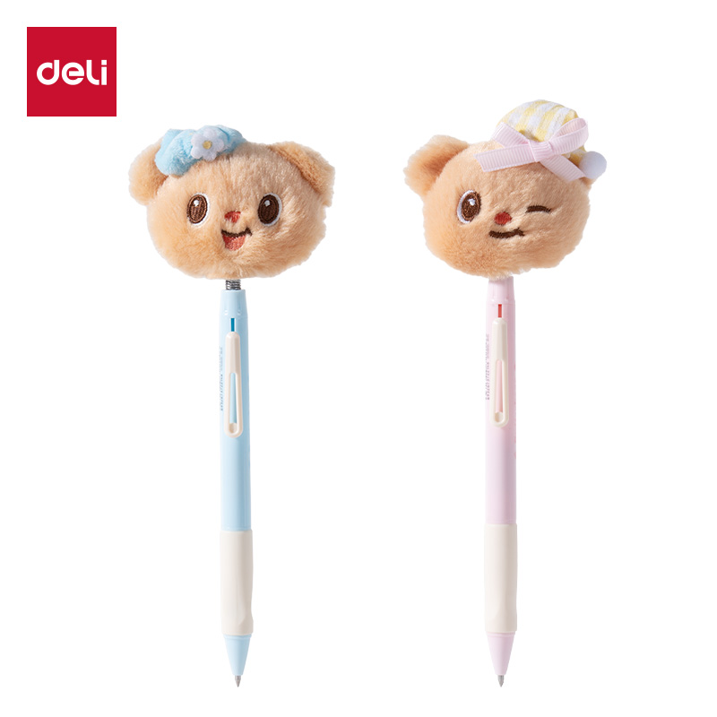 得力(deli) 黄油小熊毛绒头臻顺滑按动学生中性笔 HY011 0.5mm子弹头  混色（单位：支）